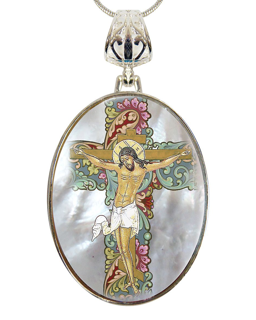 Jesus Cross Silver-Plated Mother of Pearl Necklace Jewelry - 43030