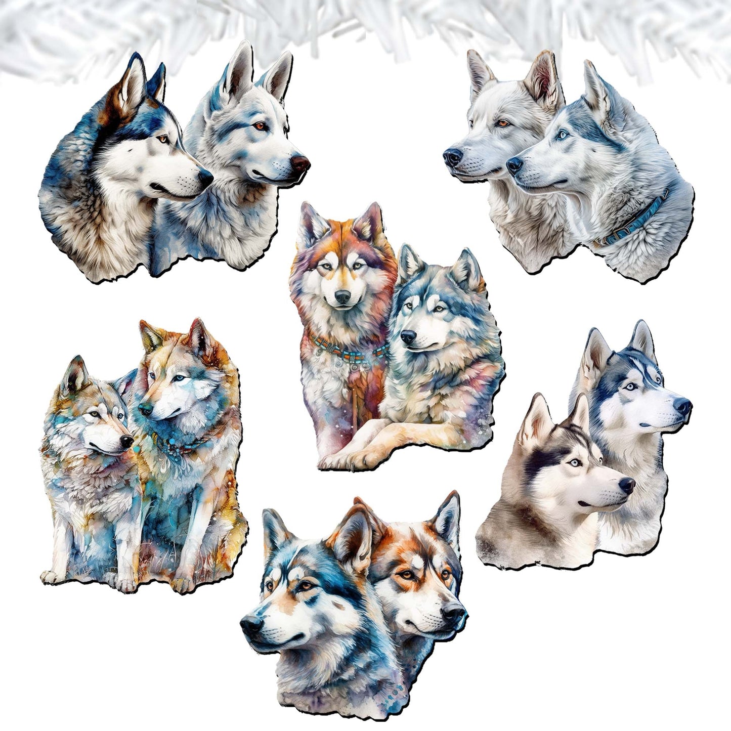 The Graceful Huskies Decorative Wooden Clip-on Ornaments Set of 6 by G. Debrekht - Wildlife Décor - 8090115C-S6