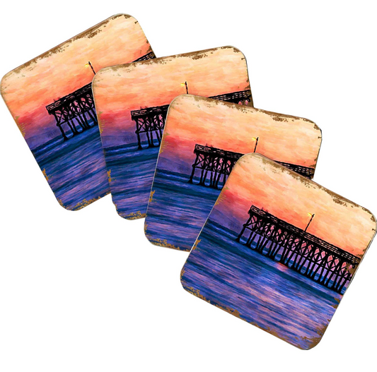 Pier at Sunset Coastal Wooden Cork Coasters Gift Set of 4 by Nature Wonders - Coastal Sea-Life Decor - 95359C-S4