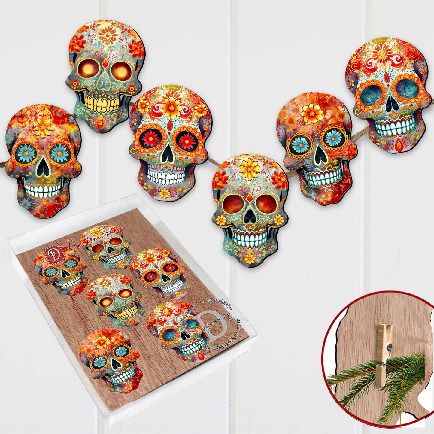 Sugar Skulls Decorative Wooden Clip-on Ornaments of 6 by G. Debrekht - Halloween Decor - 8090071C-S6