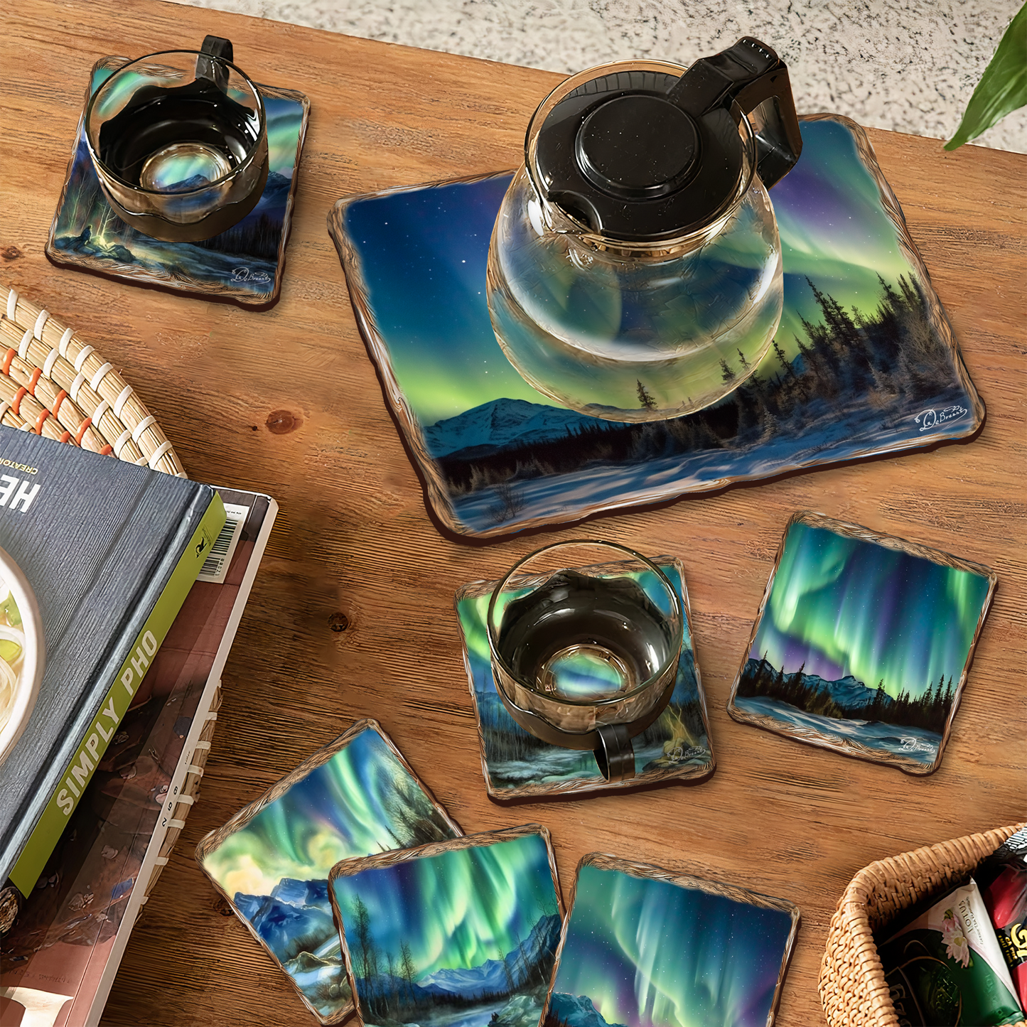 Northern Lights Wooden Cork Placemat and Coasters Gift Set of 7 by Nature Wonders Nature Wildlife Decor  - 85401C-S7