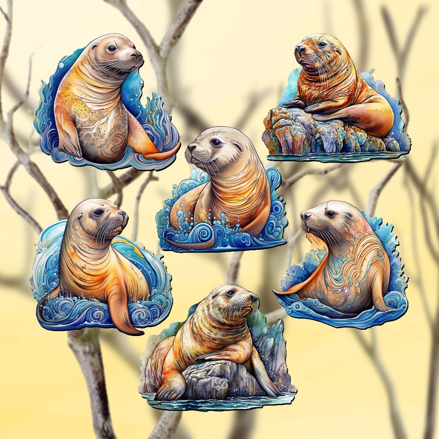 Coastal Sea Lions Decorative Wooden Clip-on Ornaments Set of 6 by G. Debrekht - Wildlife Decor - 8090127C-S6