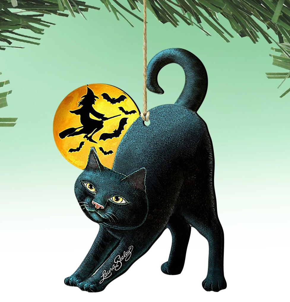 Spooky Night Black Cat Wooden Ornaments by Laura Seeley - Thanksgiving Halloween Decor - 8512054-3-LS
