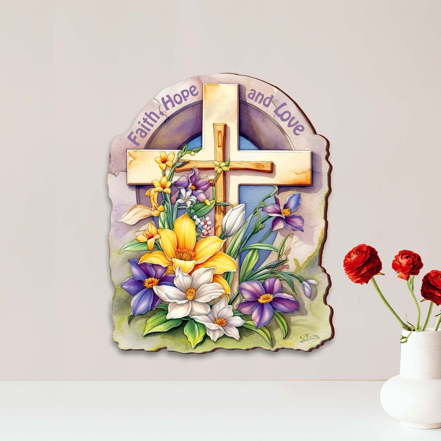 Faith, Hope, and Love Wooden Cross by G. Debrekht - Easter Spring Decor - 88160