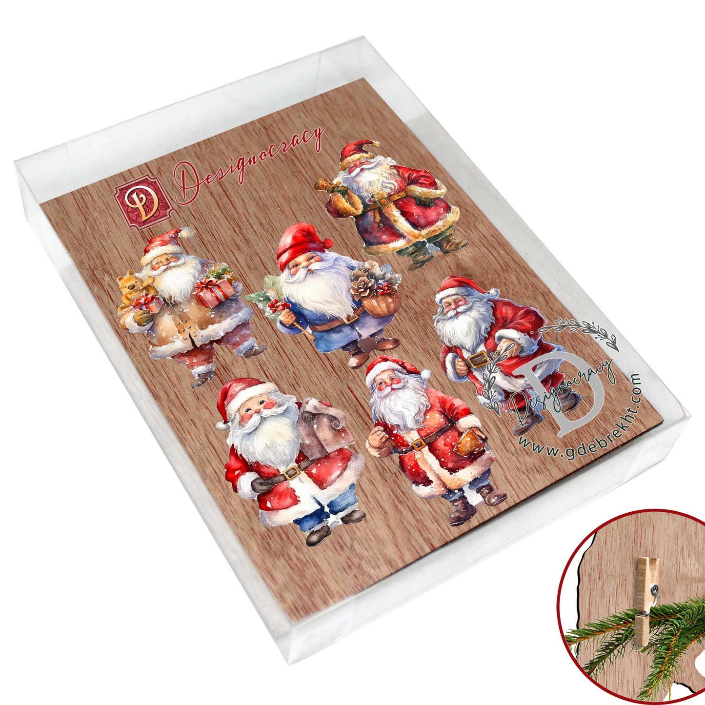 Santa Decorative Wooden Clip-on Ornaments of 6 by G. Debrekht - Christmas Decor - 8090009C-S6