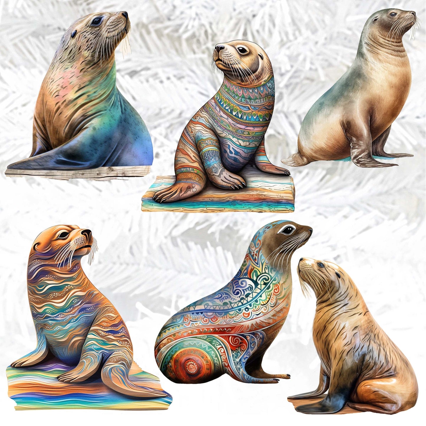 Magic Sea Lions Decorative Wooden Clip-on Ornaments Set of 6 by G. Debrekht - Wildlife Decor - 8090112C-S6