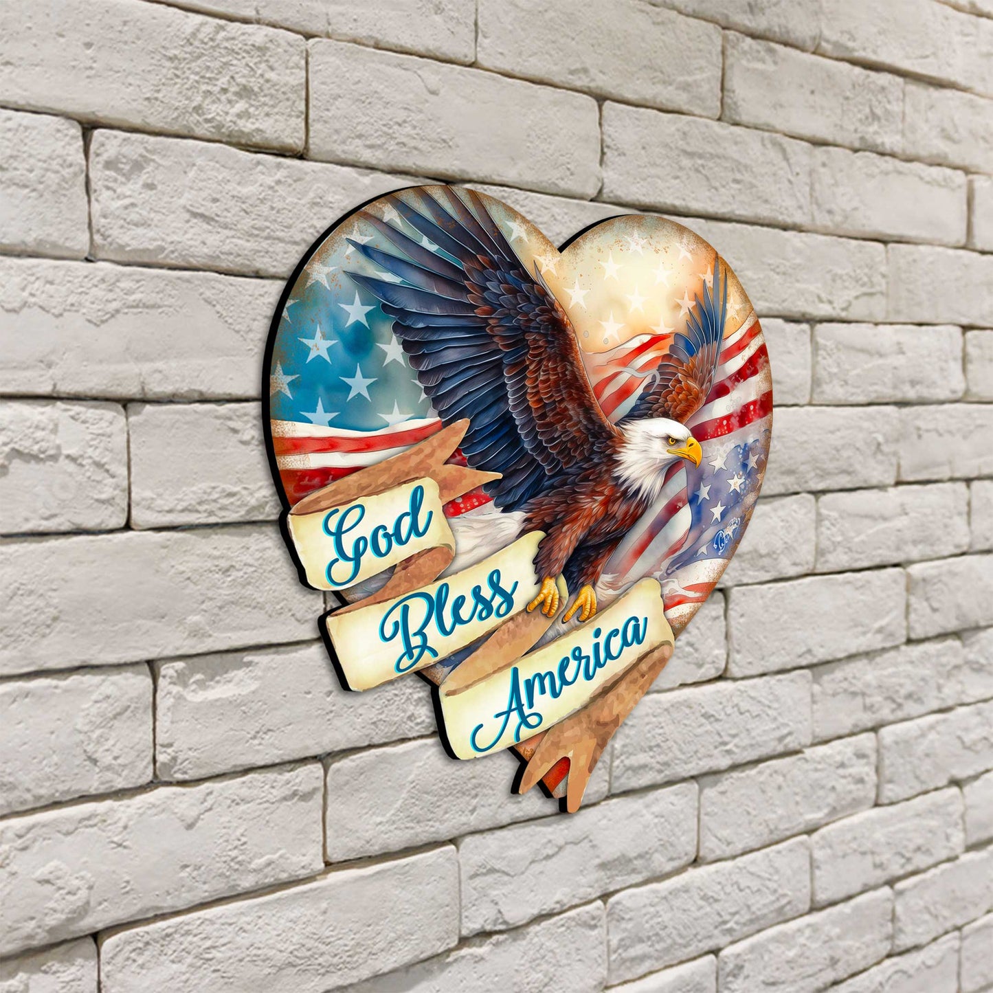 God Bless America Patriotic Eagle Heart Decorative Holiday Door Decor by G. DeBrekht - American Christmas Decor - 8652789H