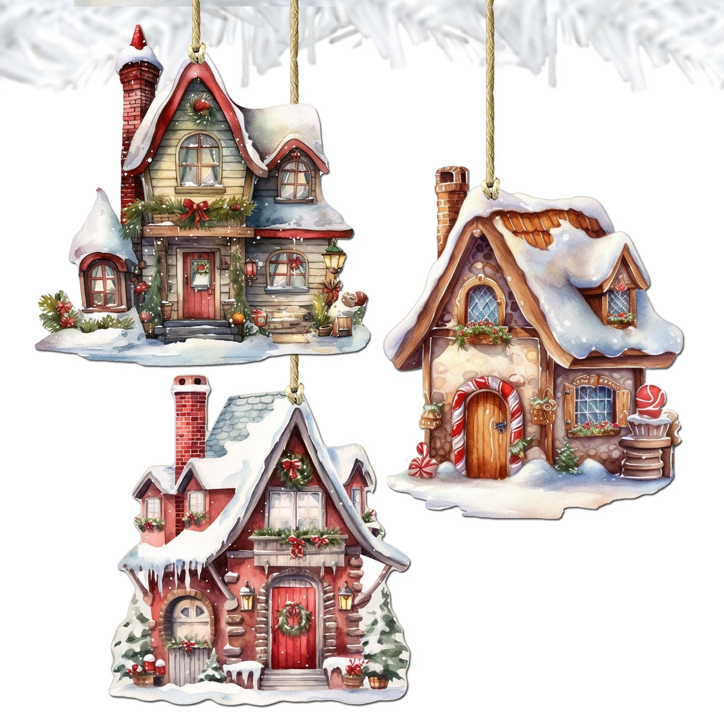 Christmas Houses Decorative Wooden Ornaments Set of 3 by G. Debrekht - Christmas Decor - 8091024-S3