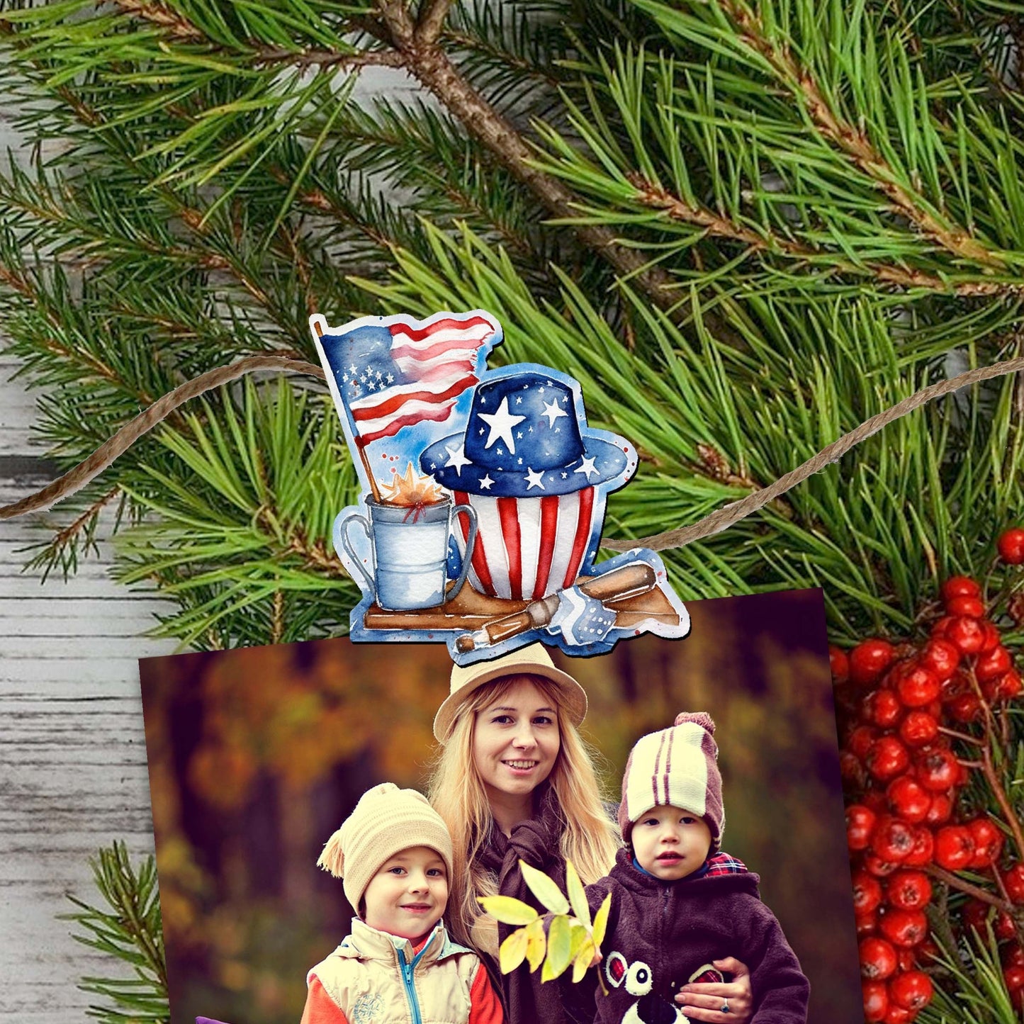 American Farmhouse Decorative Wooden Clip-on Ornaments of 6 by G. Debrekht - Patriotic Decor - 8090001C-S6