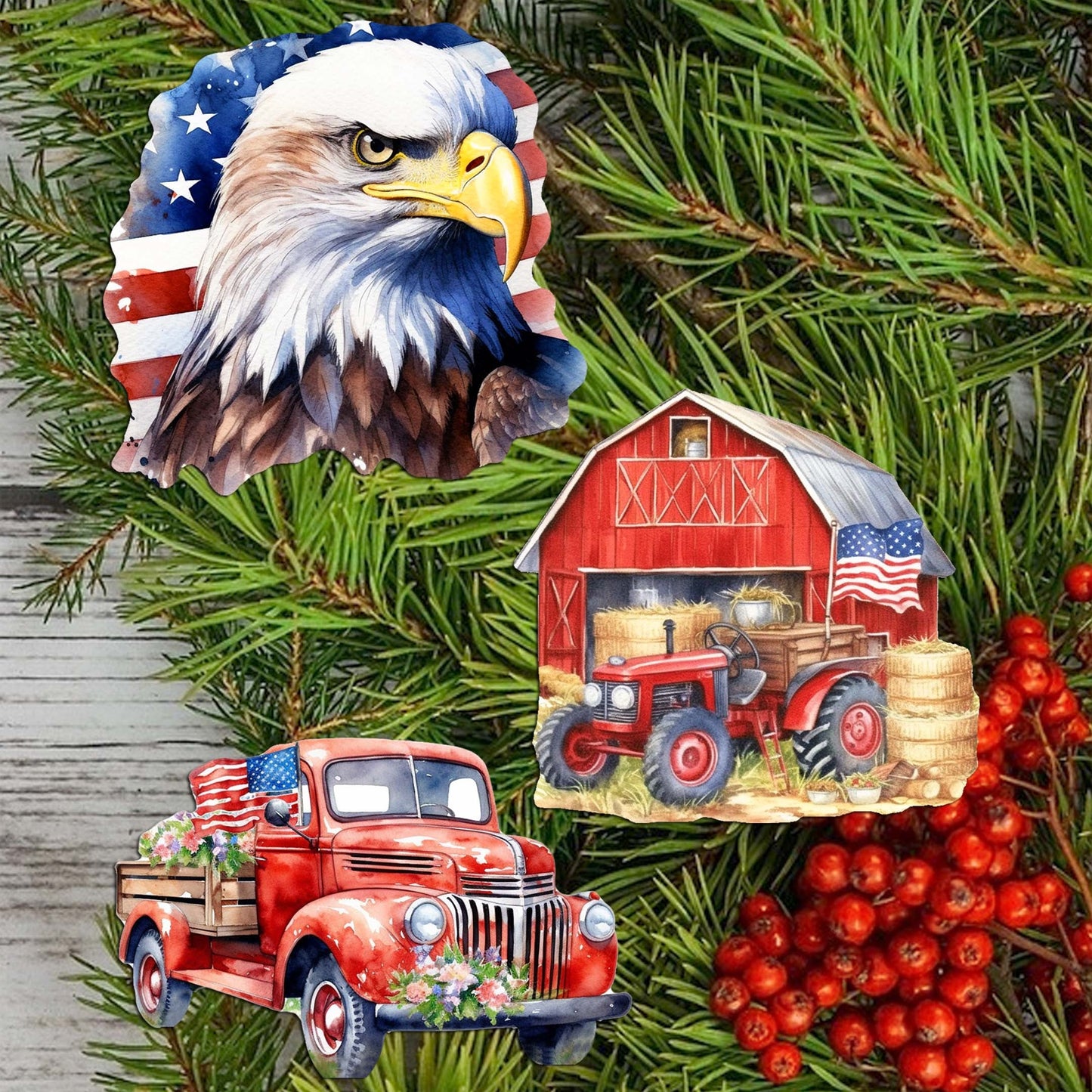 American flag Decorative Wooden Clip-on Ornaments Set of 3 by G. Debrekht - Patriotic Decor - 8091002C-S3