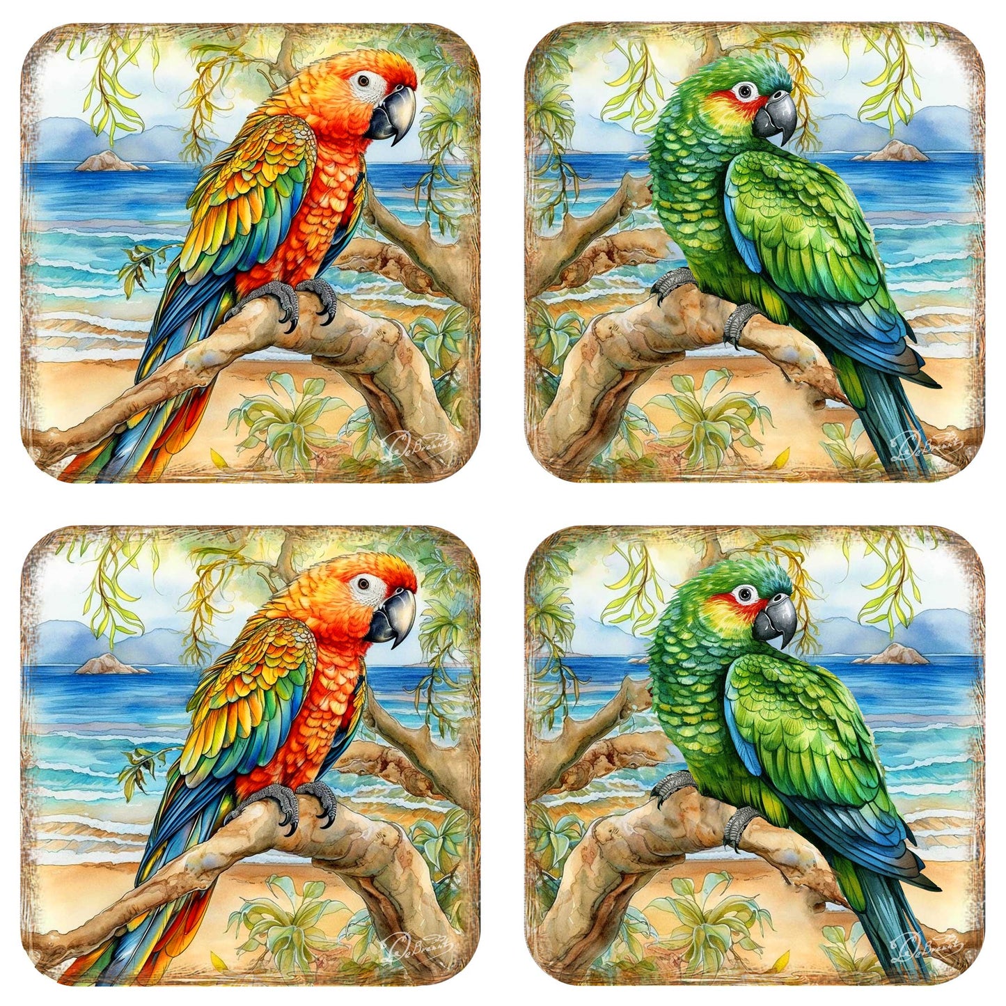 Parrots Wooden Cork Coasters Gift Set of 4 by G. Debrekht - Coastal Holiday Decor  - 8199451C-S4