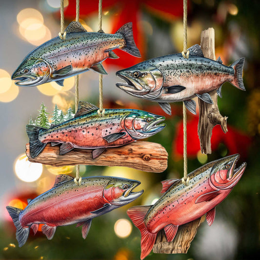 Alaskan Salmon Wooden Ornaments Set of 5 by G. Debrekht - Wildlife Holiday Decor - 8091322S5
