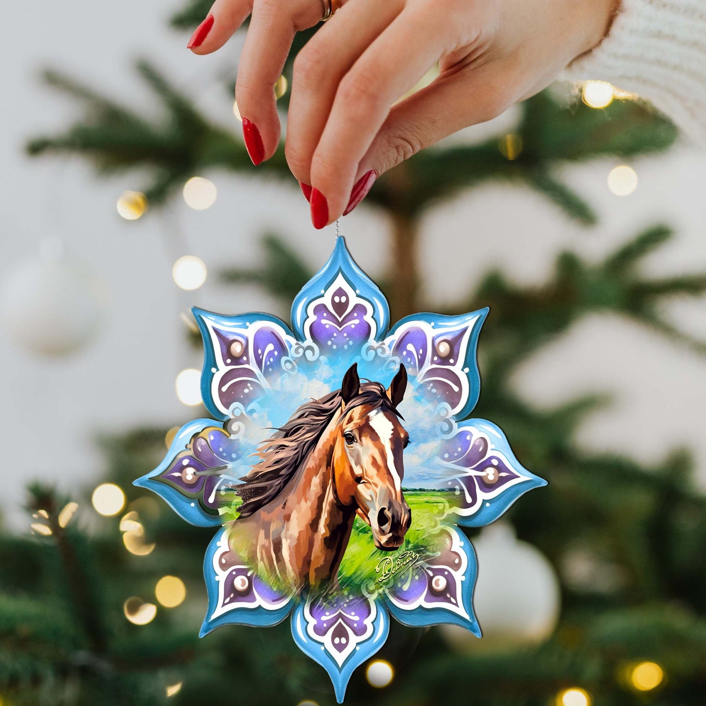 Brown Horse Snowflake Wooden Ornaments by G. Debrekht - Nature Wildlife Decor - 8688432