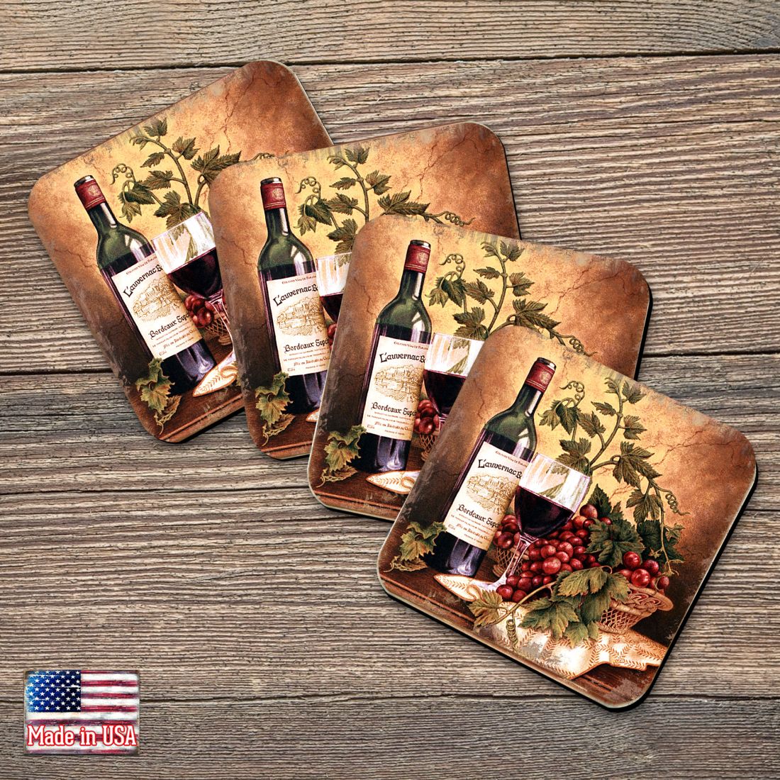 Vine and Grapes Wooden Cork Coasters Gift Set of 4 by Nature Wonders - Nature Wildlife Decor  - 95349-2C-S4