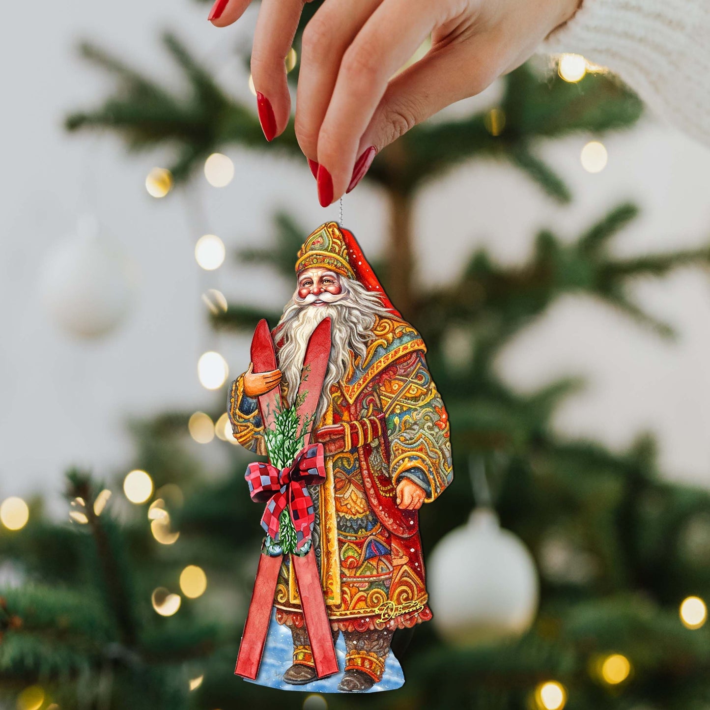 Santa's Skiing Adventure Wooden Ornaments by G. Debrekht - Christmas Santa Snowman Decor - 8691403