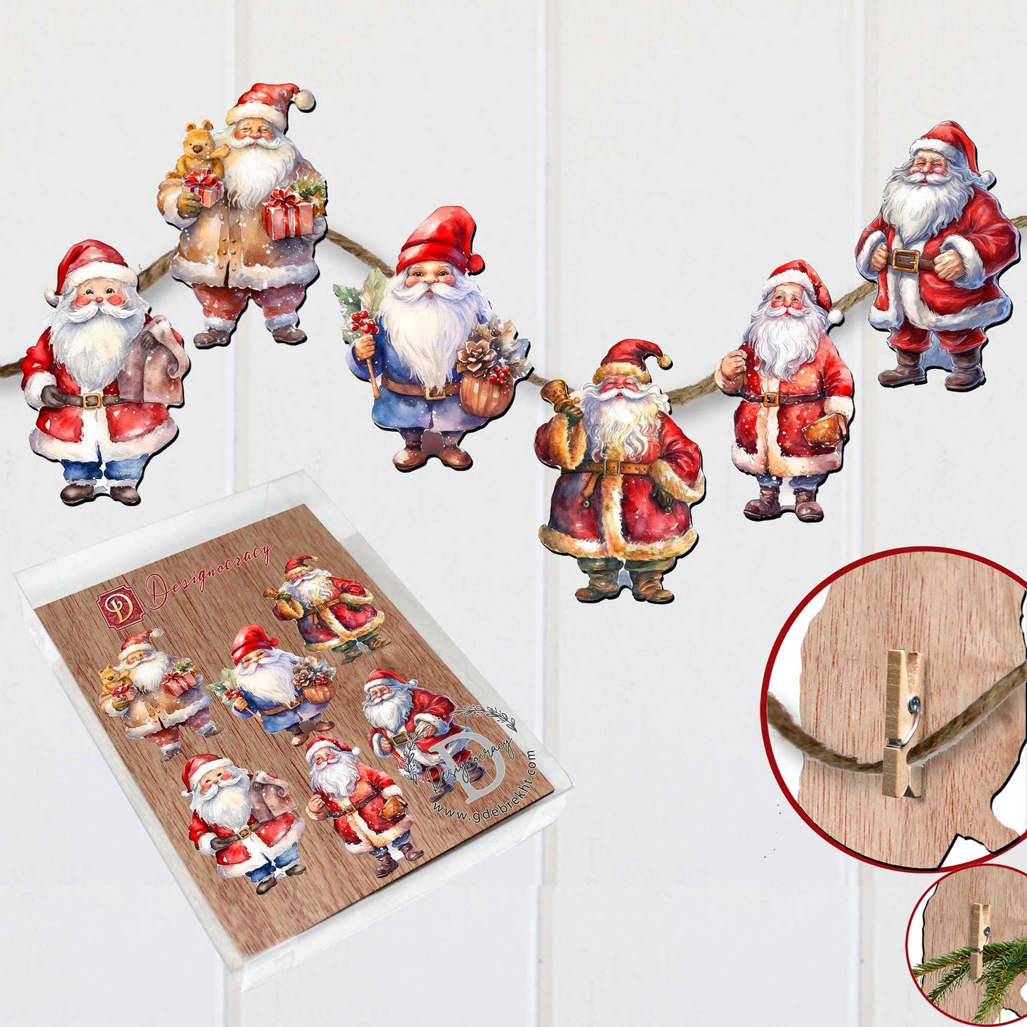 Santa Decorative Wooden Clip-on Ornaments of 6 by G. Debrekht - Christmas Decor - 8090009C-S6