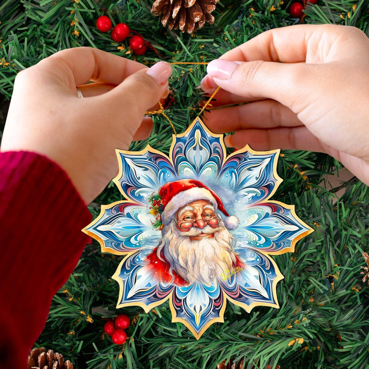 Santa Face Snowflake Wooden Ornaments by G. Debrekht - Christmas Santa Snowman Decor - 8688424