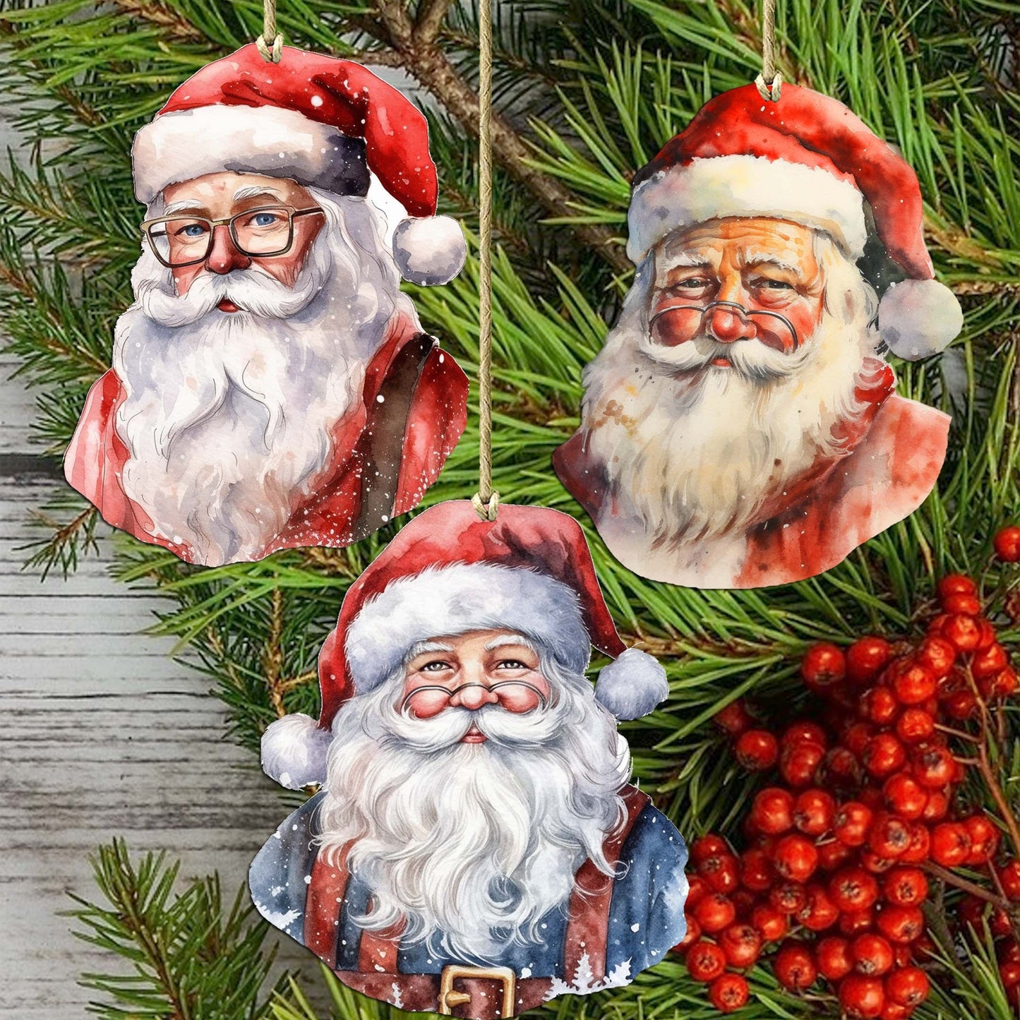 Jolly Santa Faces Decorative Wooden Ornaments Set of 3 by G. Debrekht - Christmas Decor - 8091045-S3