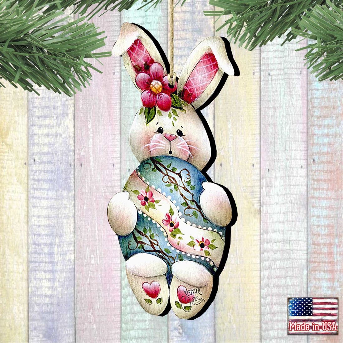 Bunny Hugs Wooden Ornaments Easter by Jamie Mills-Price - Easter Spring Decor - 8457602