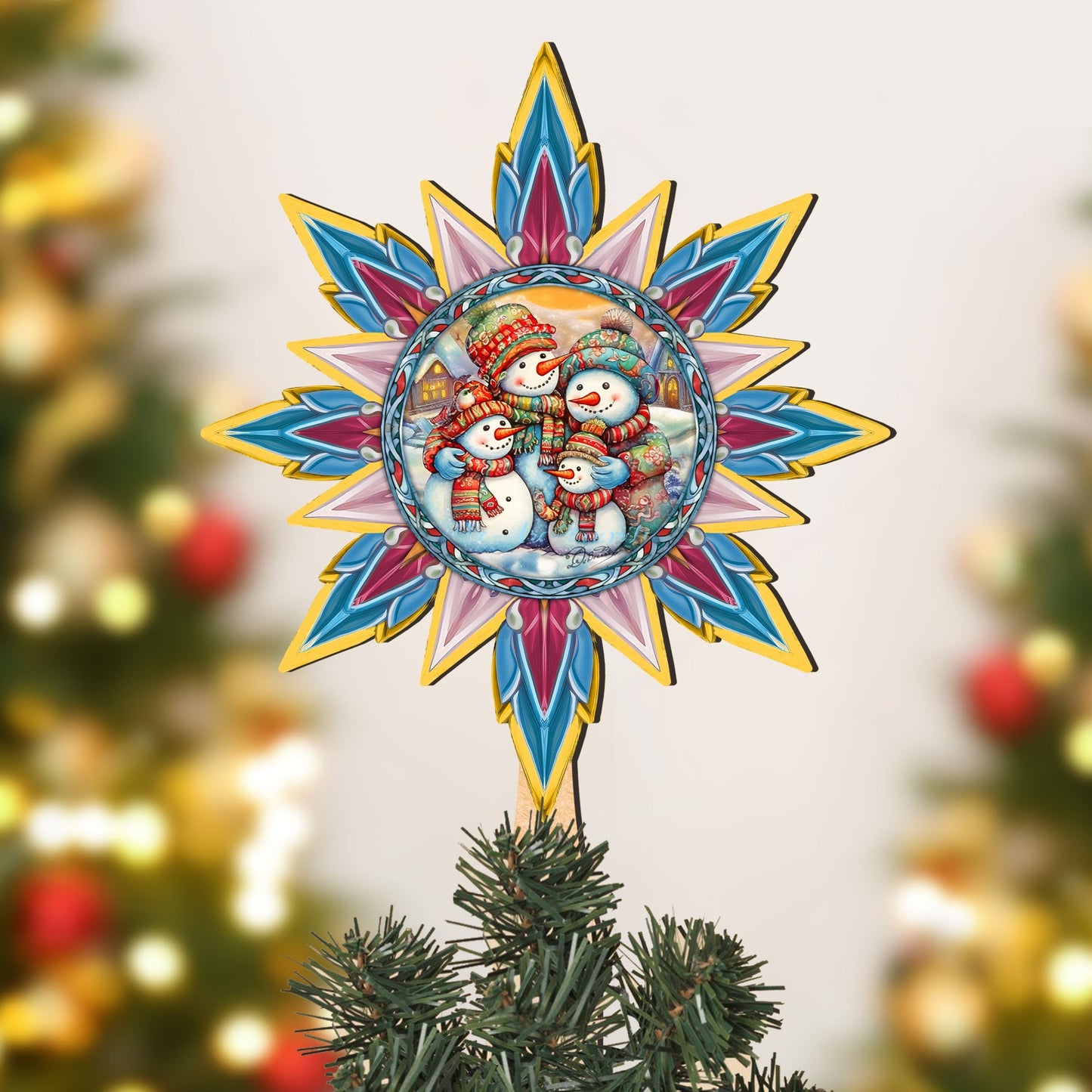 Snowman Family Star Tree Topper Wooden Decor by G. Debrekht - Santa Snowman Christmas Decor - 89511