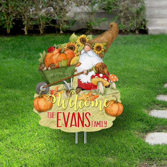 Personalized Outdoor Garden Stakes Fall Decoration - Custom Harvest Gnome Welcome Sign - Wheelbarrow Cornucopia - Handmade Gift - Thanksgiving Decor by Susan Winget - 8471207MC-SW
