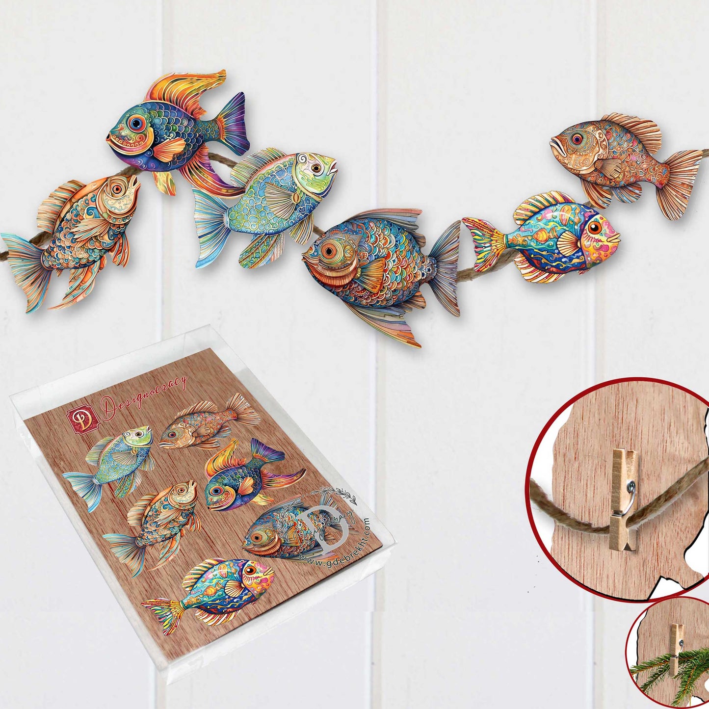 Coastal Fish Decorative Wooden Clip-on Ornaments Set of 6 by G. Debrekht - Coastal Decor - 8090034C-S6