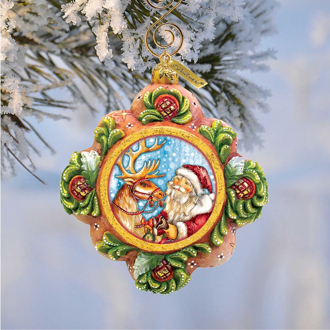 Santa with Reindeer Sculpted Hand-Painted Christmas Ornament by G. DeBrekht - Christmas Santa Snowman Decor - 6102542