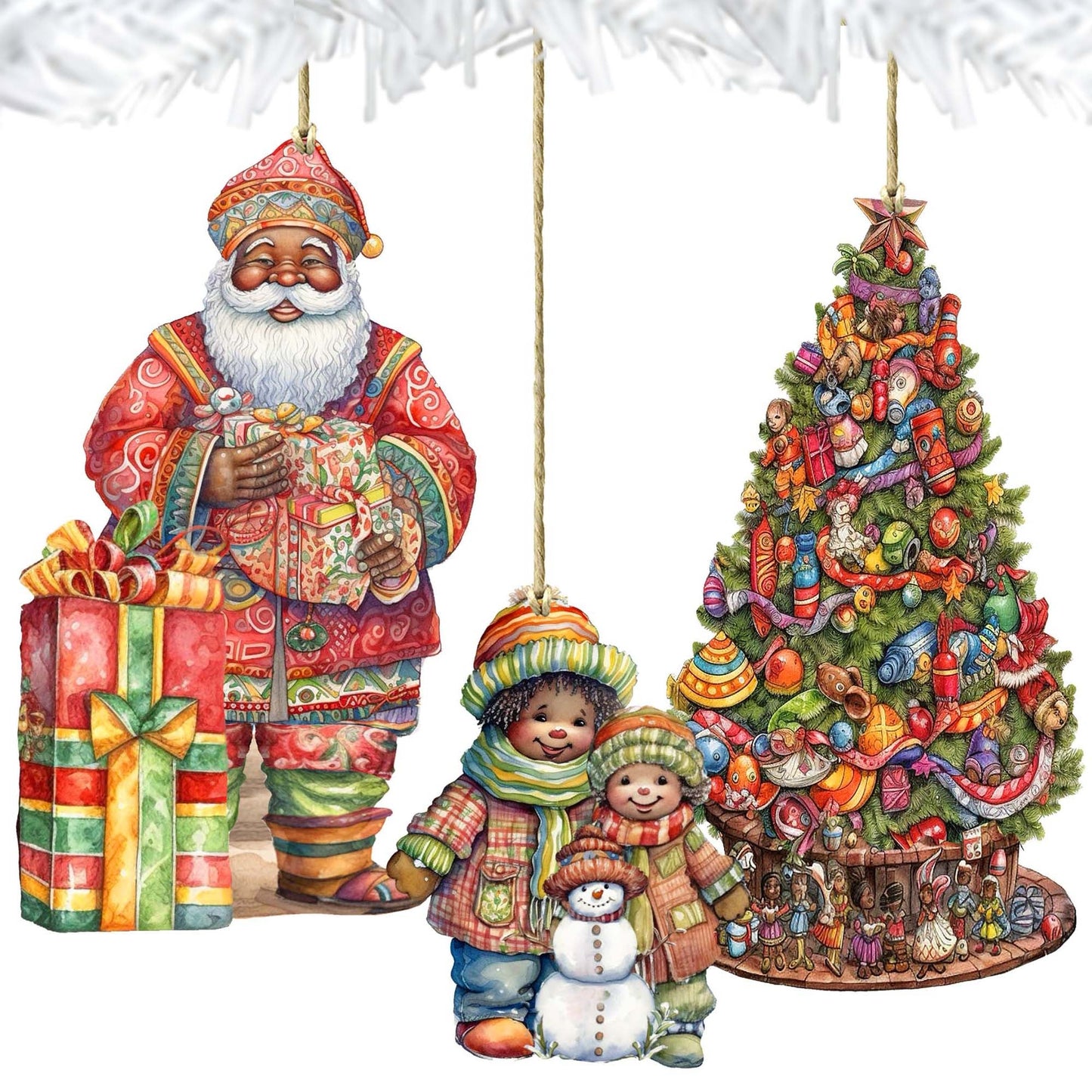 Santas Around the World - African-American Inspired Santa - Wooden Ornaments Set of 3 by G. DeBrekht Christmas Santa Snowman Decor - 8091310S3