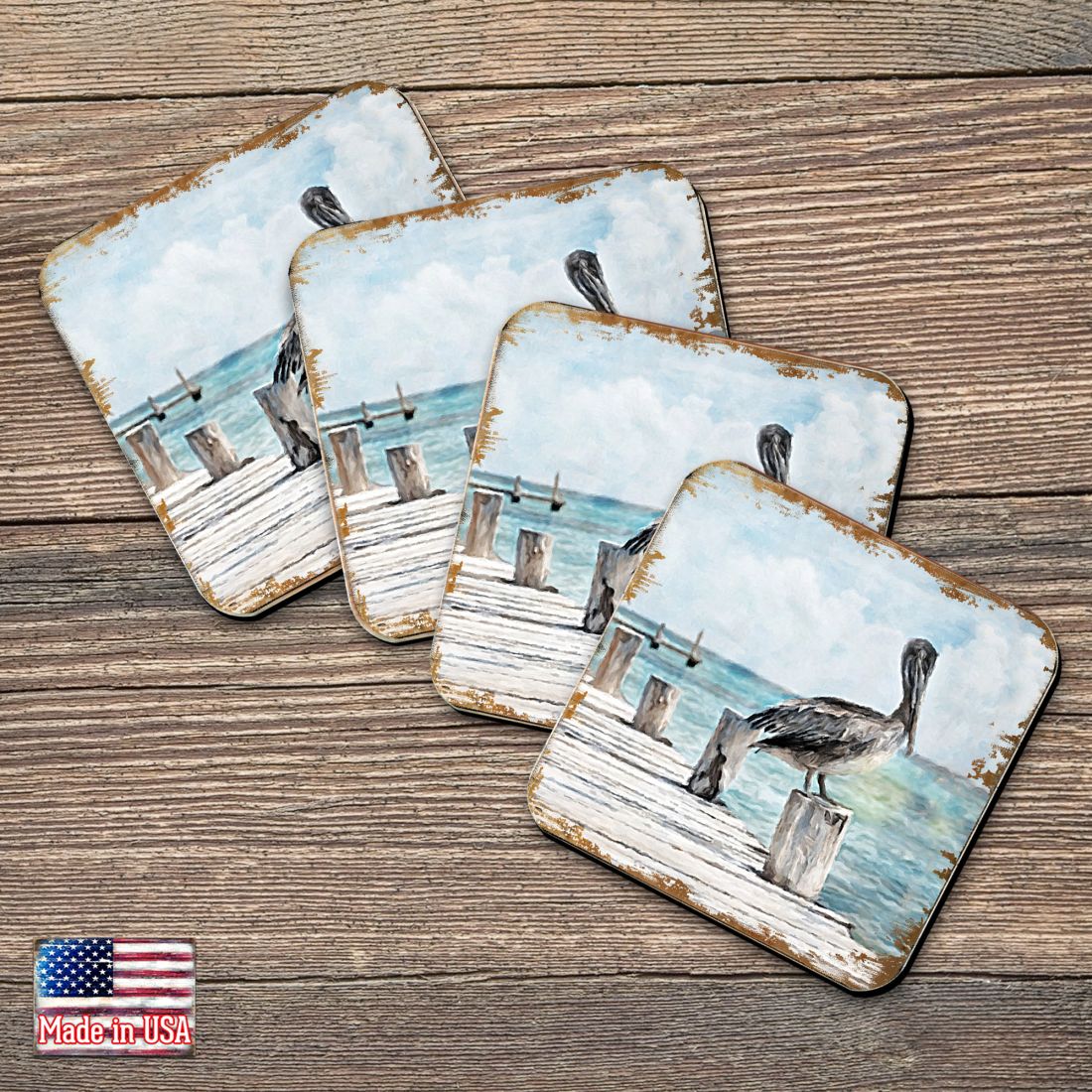 Pelican Coastal Wooden Cork Coasters Gift Set of 4 by Nature Wonders - Coastal Sea-Life Decor - 95252C-S4