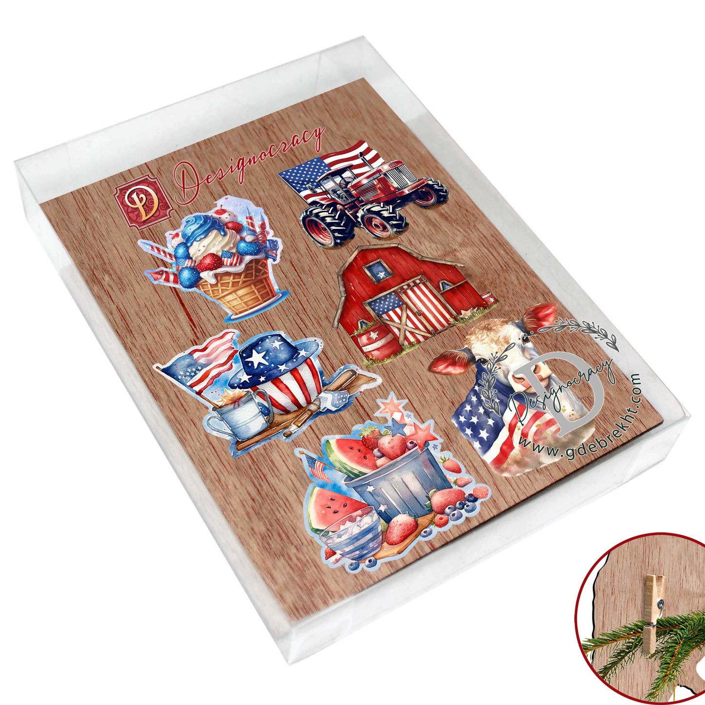 American Farmhouse Decorative Wooden Clip-on Ornaments of 6 by G. Debrekht - Patriotic Decor - 8090001C-S6