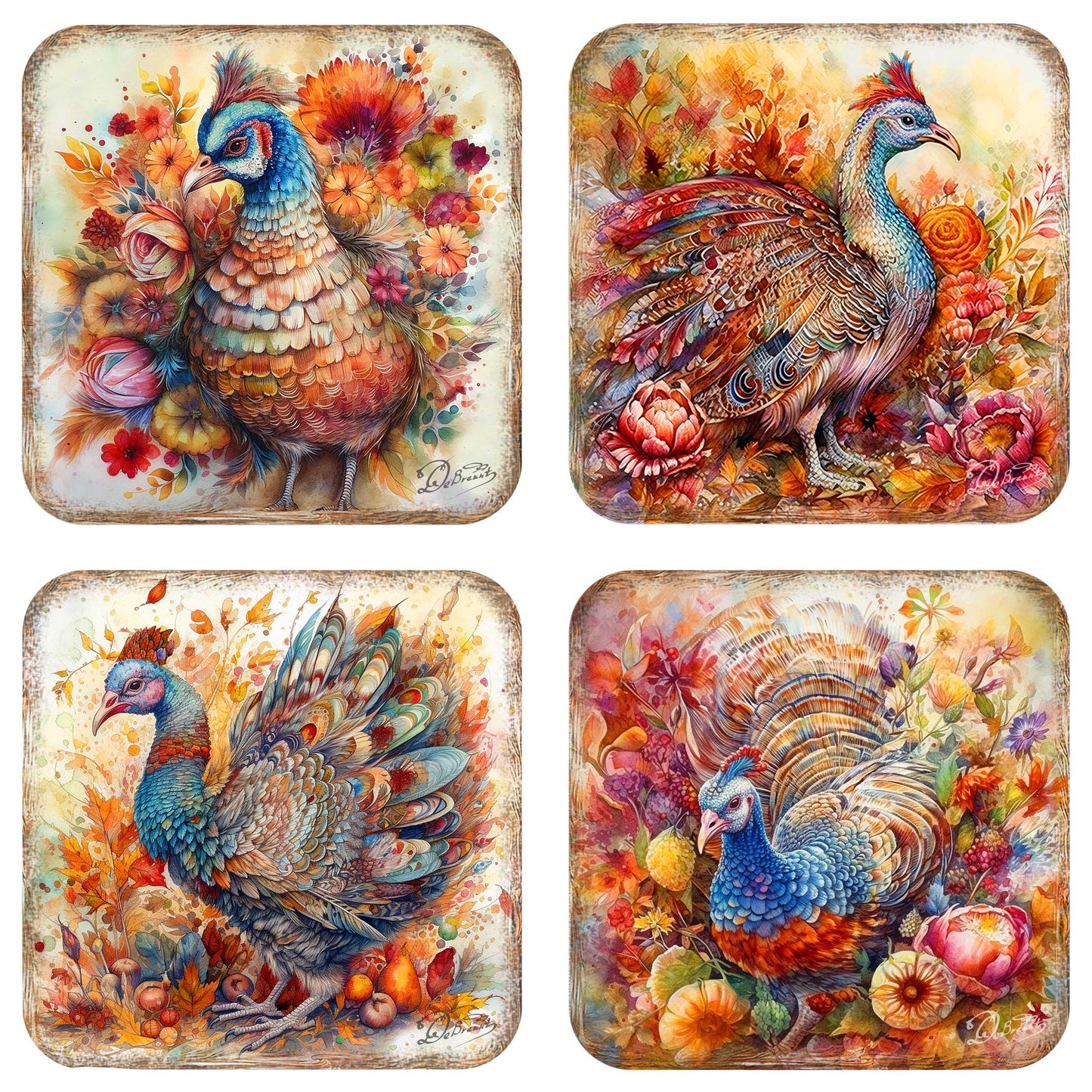 Turkey Wooden Cork Coasters Gift Set of 4 by G. Debrekht - Thanksgiving Decor  - 8199437C-S4
