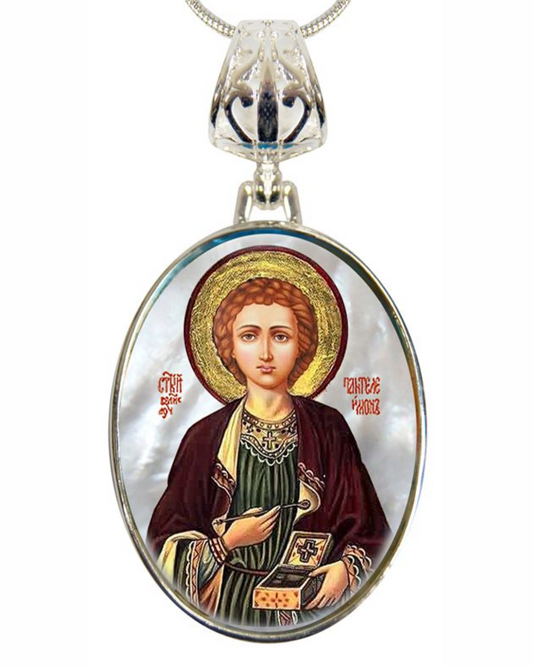 Saint Panteleimon Silver Plated Mother of Pearl Necklace - 43023