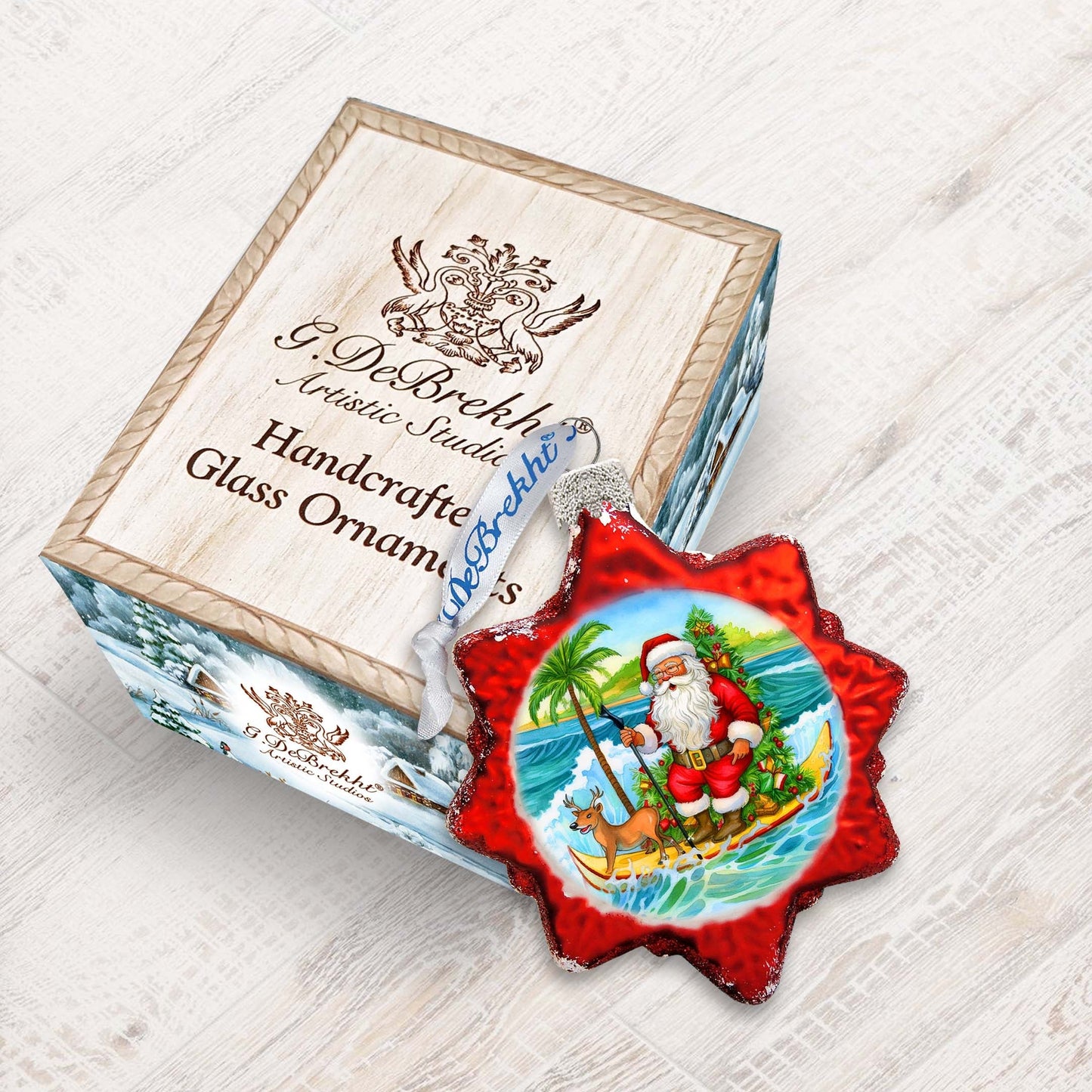 Beach House Decor - Santa on the Surfboard Keepsake Glass Ornaments by G. Debrekht - Christmas Decor - 777418