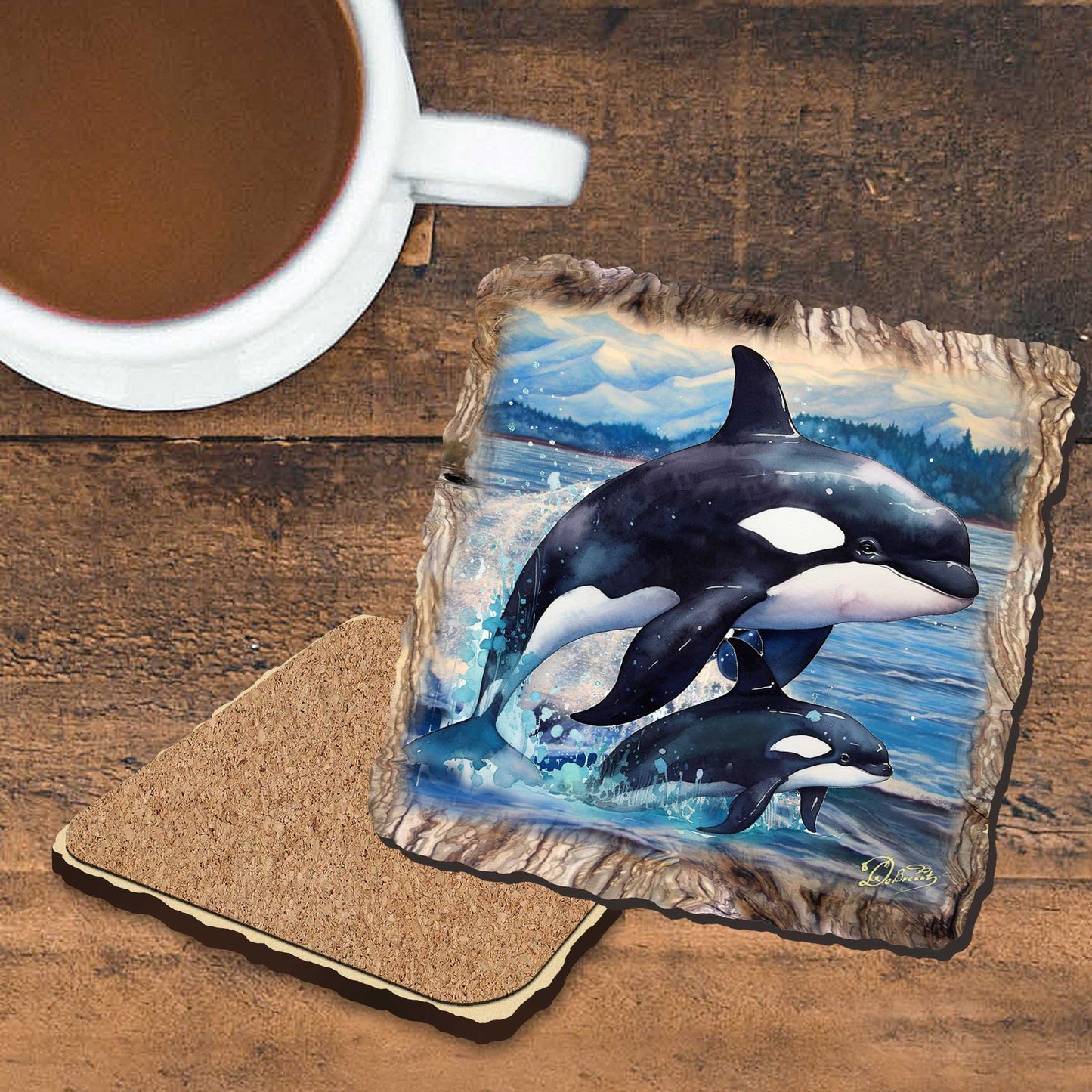 Orca Wooden Cork Coasters Gift Set of 4 by Nature Wonders Coastal Nature Wildlife Decor  - 95396C-S4