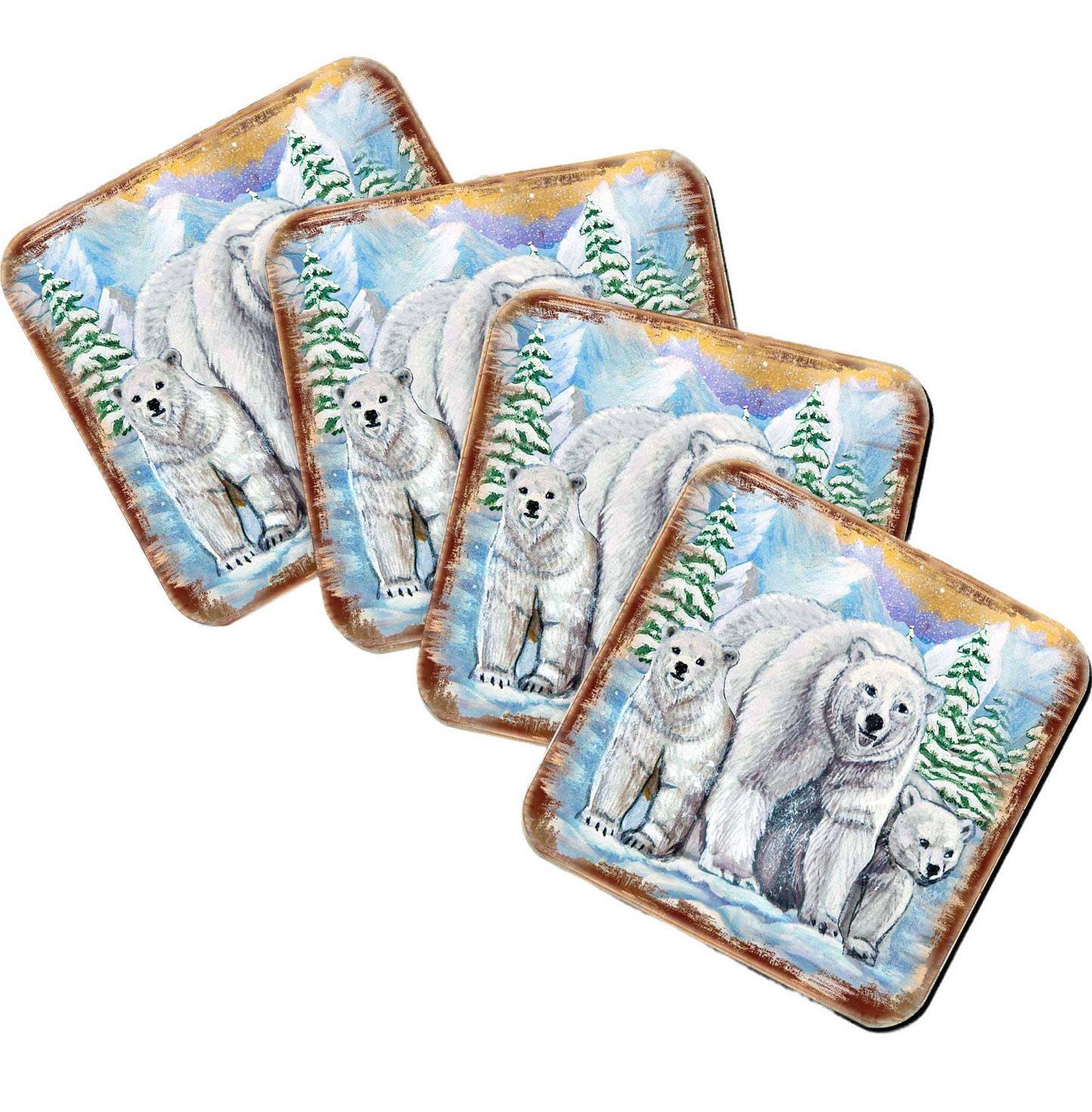 Polar Bear Family Wooden Cork Coasters Gift Set of 4 by Nature Wonders - Nature Wildlife Decor  - 95215C-S4