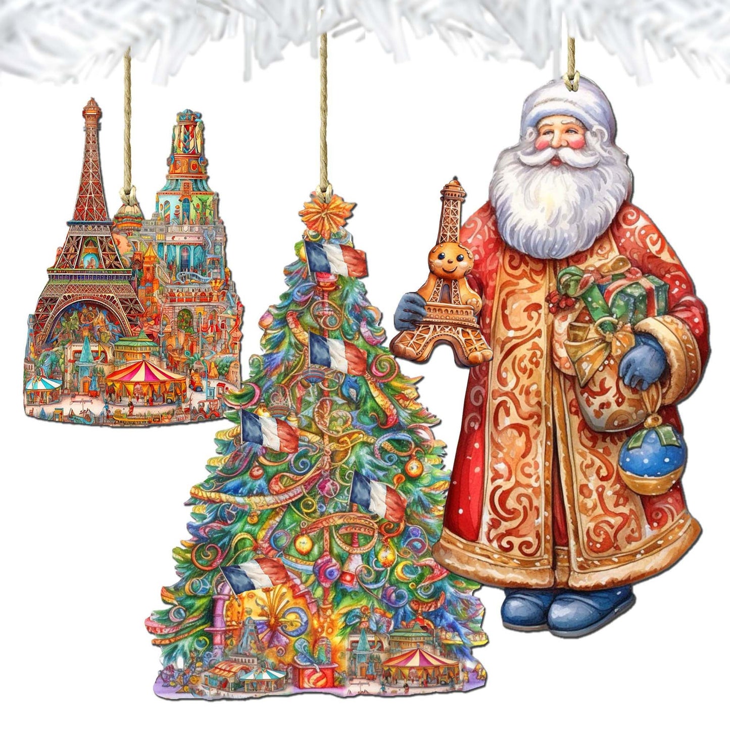 Santas Around the World - French Inspired Santa - Wooden Ornaments Set of 3 by G. DeBrekht Christmas Santa Snowman Decor - 8091303S3
