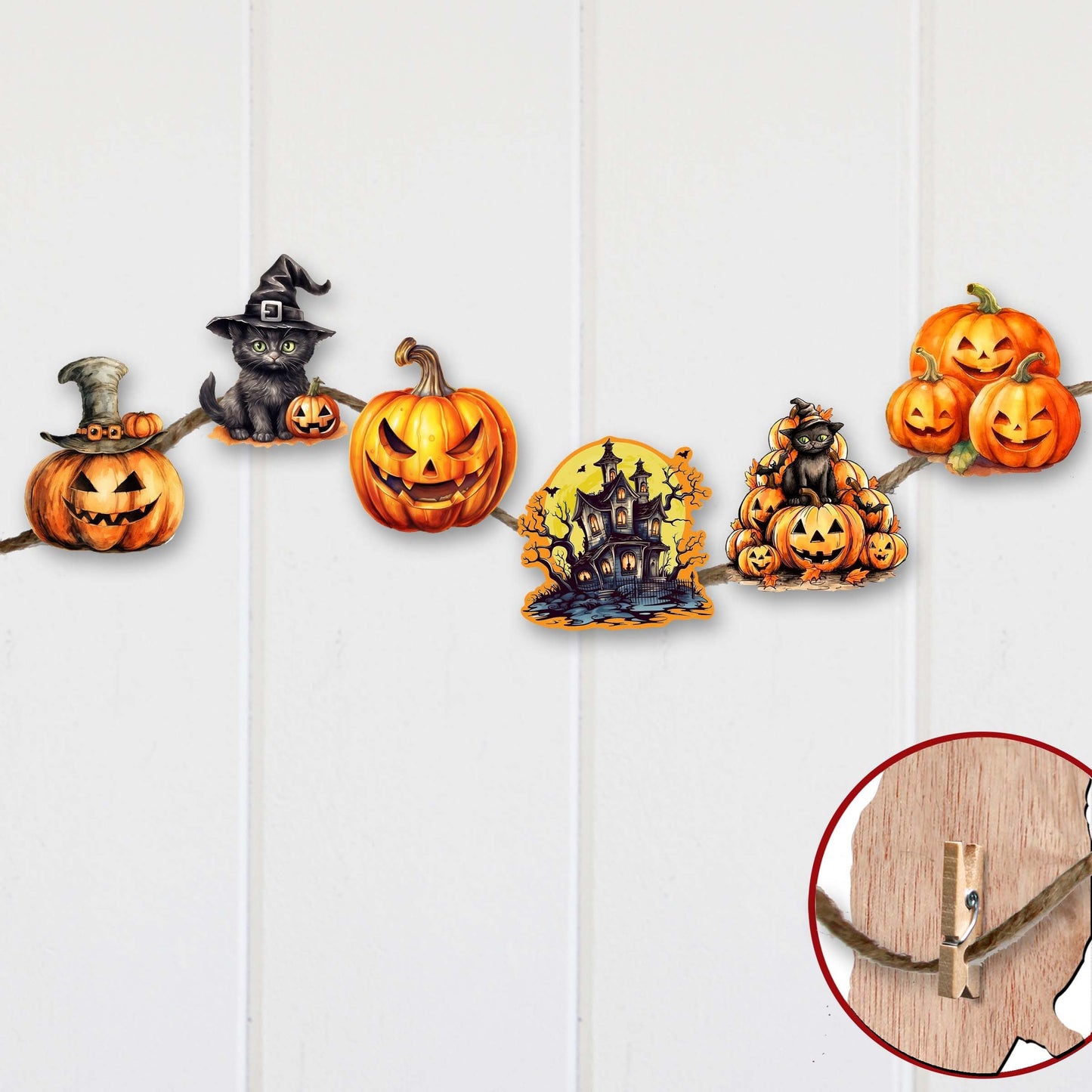 Spooky pumpkins Decorative Wooden Clip-on Ornaments of 6 by G. Debrekht - Halloween Decor - 8090019C-S6