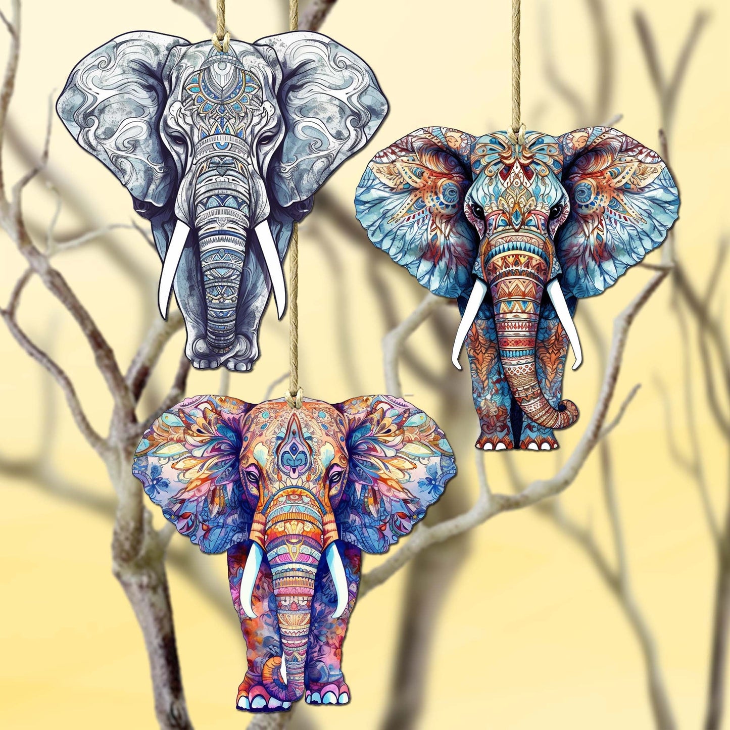 Elephants Decorative Wooden Ornaments Set of 3 by G. Debrekht - Wildlife Decor - 8091036-S3