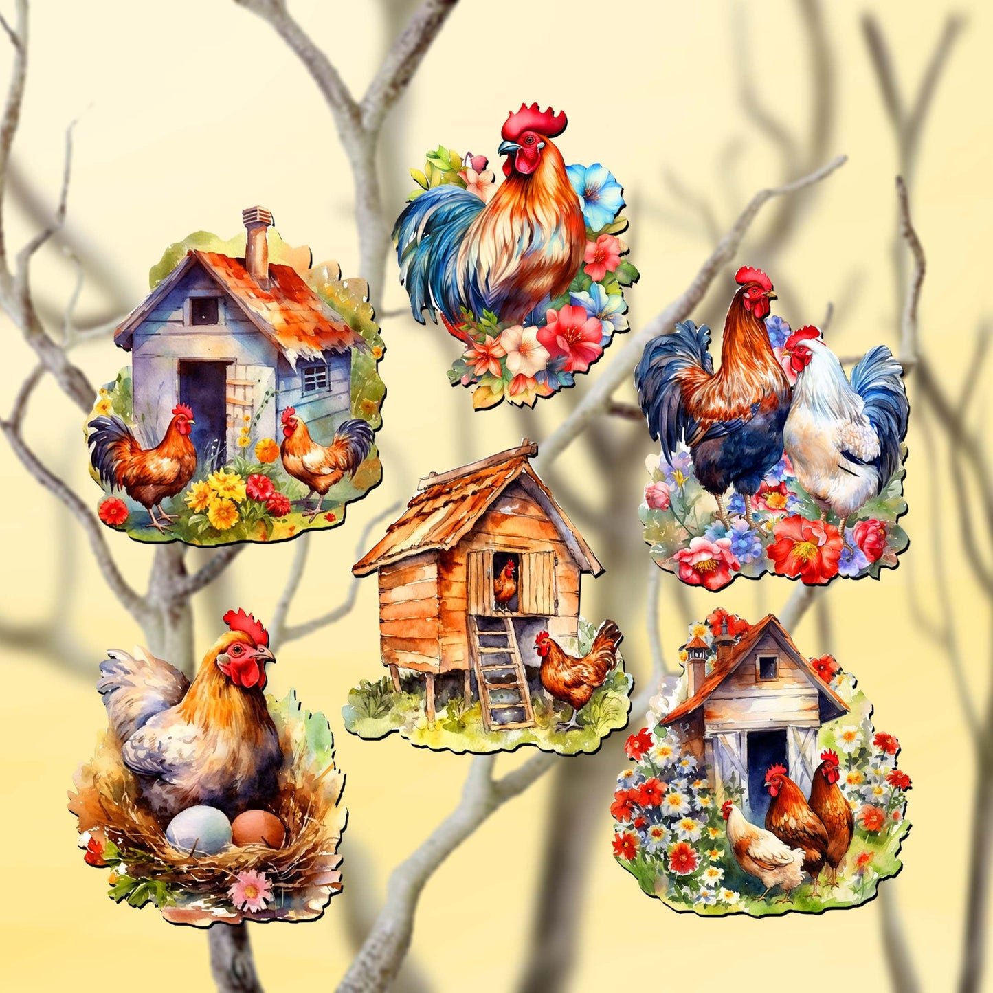 Spring on the Farm Decorative Wooden Clip-on Ornaments Set of 6 by G. Debrekht - Easter Decor - 8090056C-S6