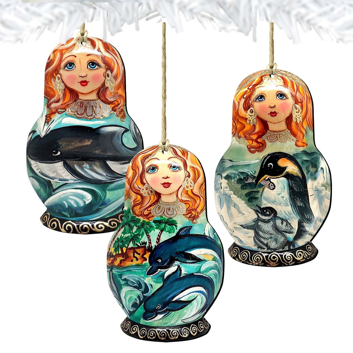 Dolphins, Whale, Penguins Dolls Wooden Ornaments Set of 3 by G. DeBrekht - Coastal Holiday Decor - 8100190S3