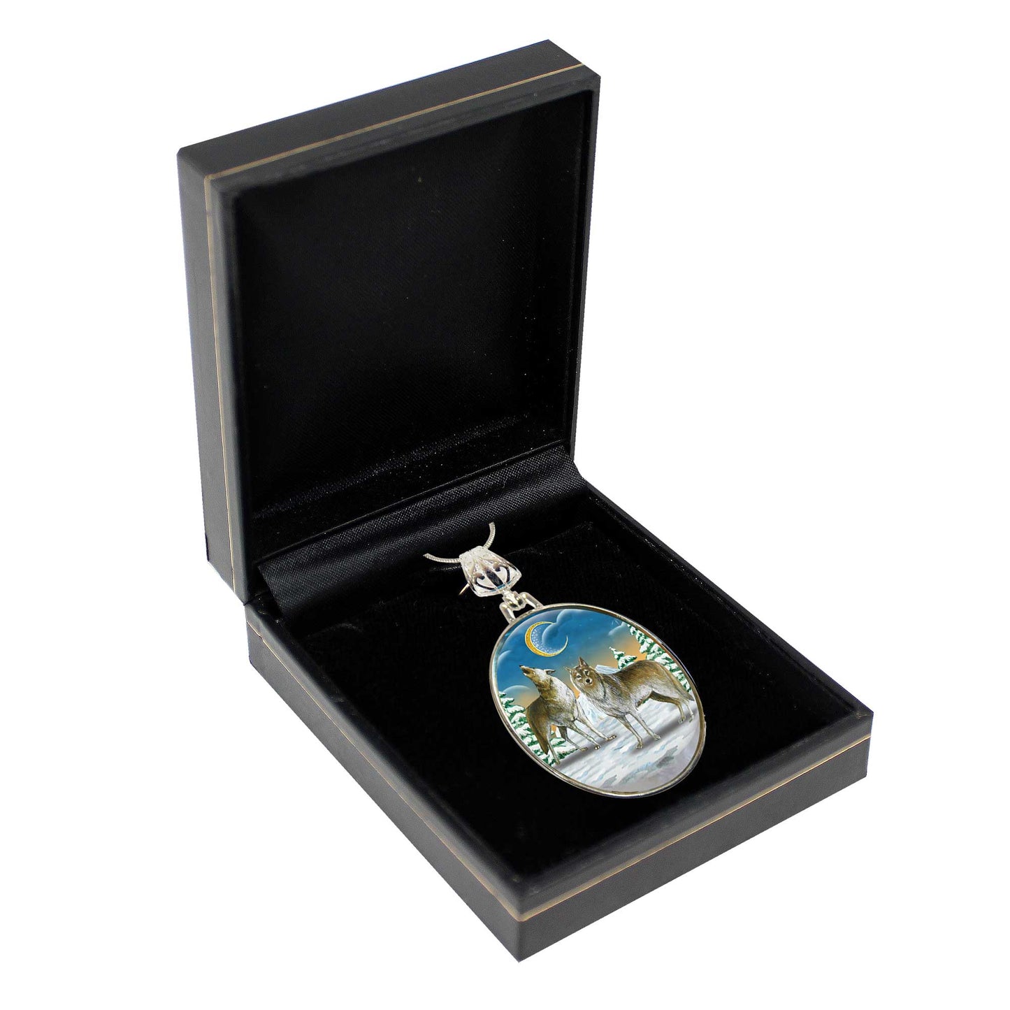 Wolves Howling Round Silver-Plated Mother of Pearl Jewelry Pendant Necklace - 44040