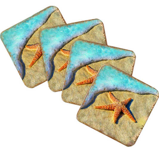 Starfish Coastal Wooden Cork Coasters Gift Set of 4 by Nature Wonders - Coastal Sea-Life Decor - 95253C-S4