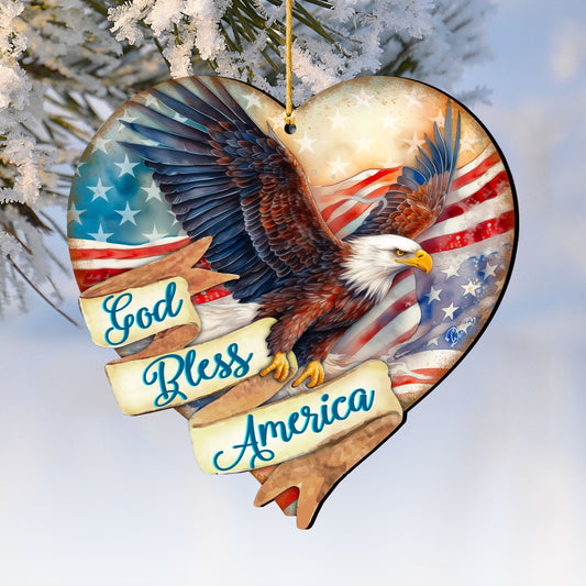 God Bless America Patriotic Eagle Heart Wooden Ornaments by G.Debrekht American Holiday Decor - 8652789