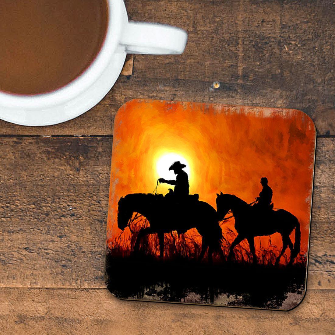 Cowboy Sunset Ride Wooden Cork Coasters Gift Set of 4 by Nature Wonders - Nature Wildlife Decor  - 95230C-S4