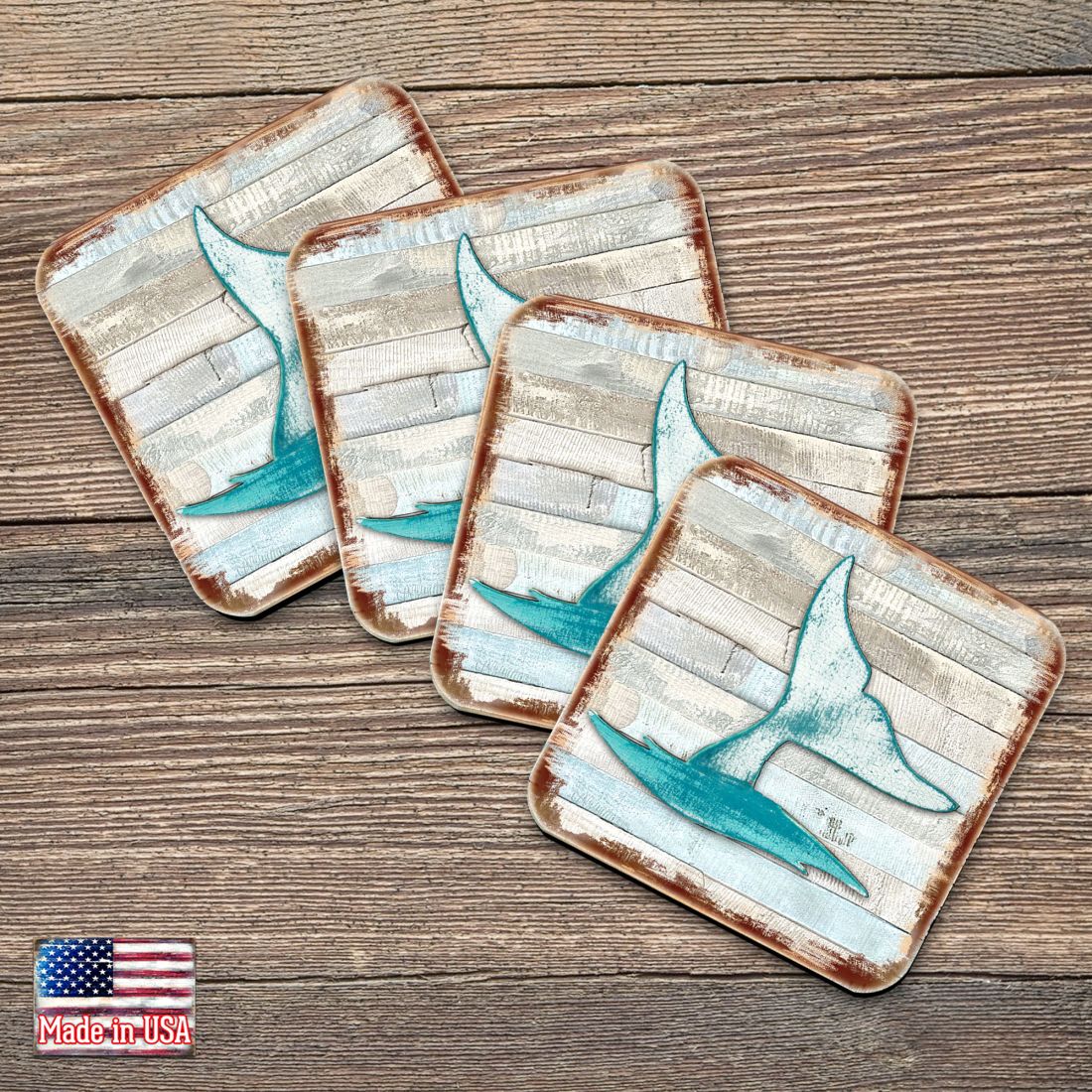 Whales Tale Coastal Wooden Cork Coasters Gift Set of 4 by Nature Wonders - Coastal Sea-Life Decor - 8198535-9C-S4