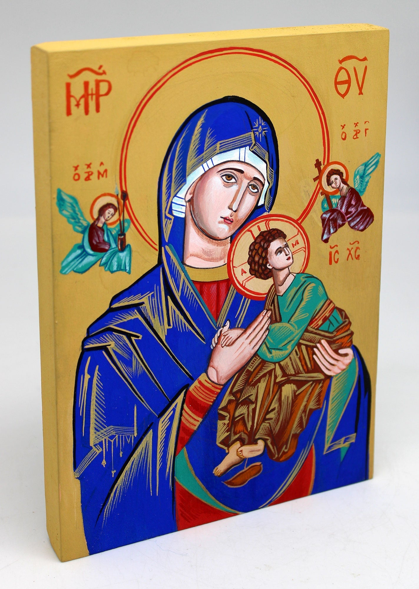 Virgin Mary Directress - Original One-of-a-Kind Orthodox Icon Handpainted on Wood 8 x 5.5" , Signed by G. DeBrekht with Certificate