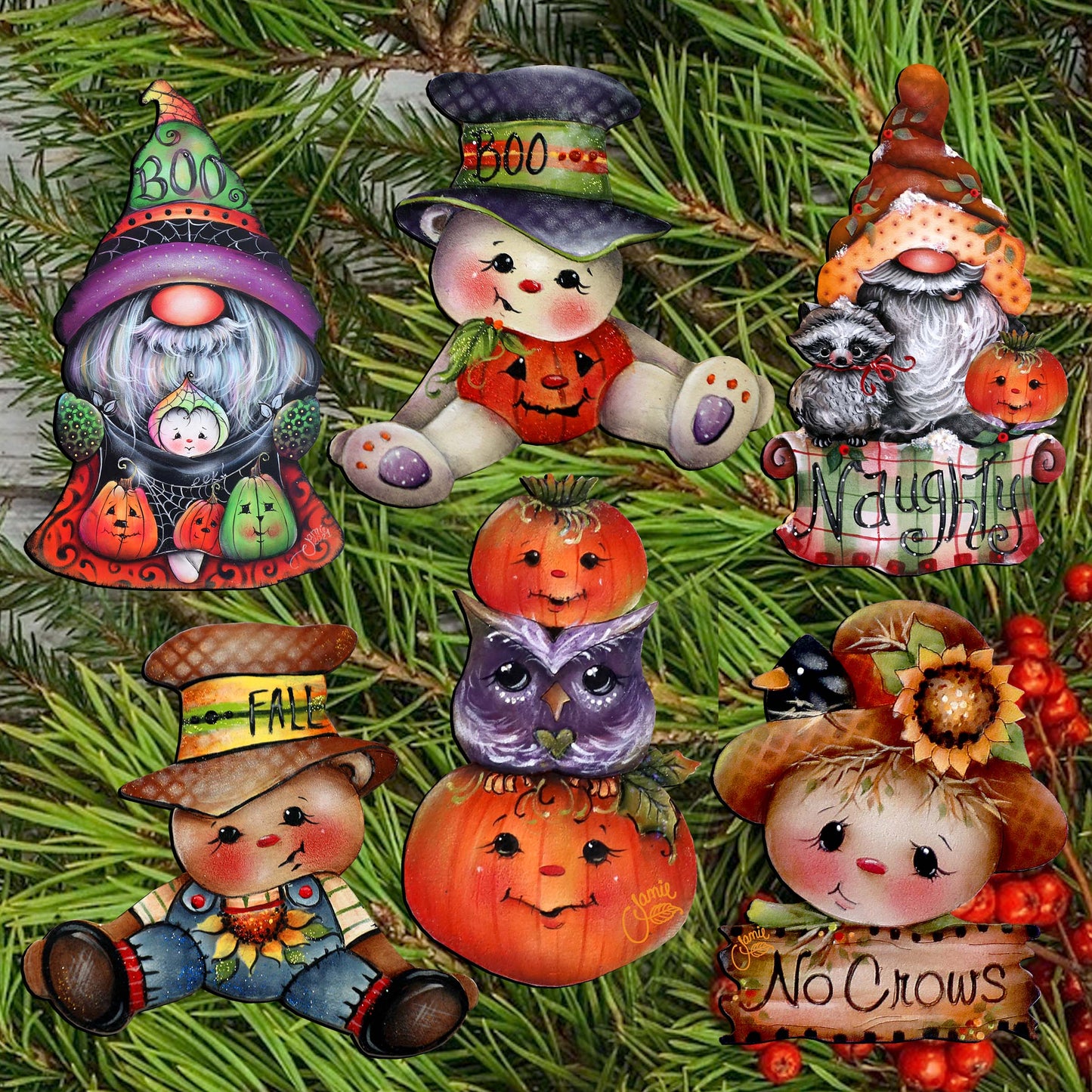 Hello Fall - Pumkin, Scarecrow, Gnome Decorative Wooden Clip-on Ornaments Set of 6 by Jamie Mills-Price - Thanksgiving Decor - 8090047C-MP-S6