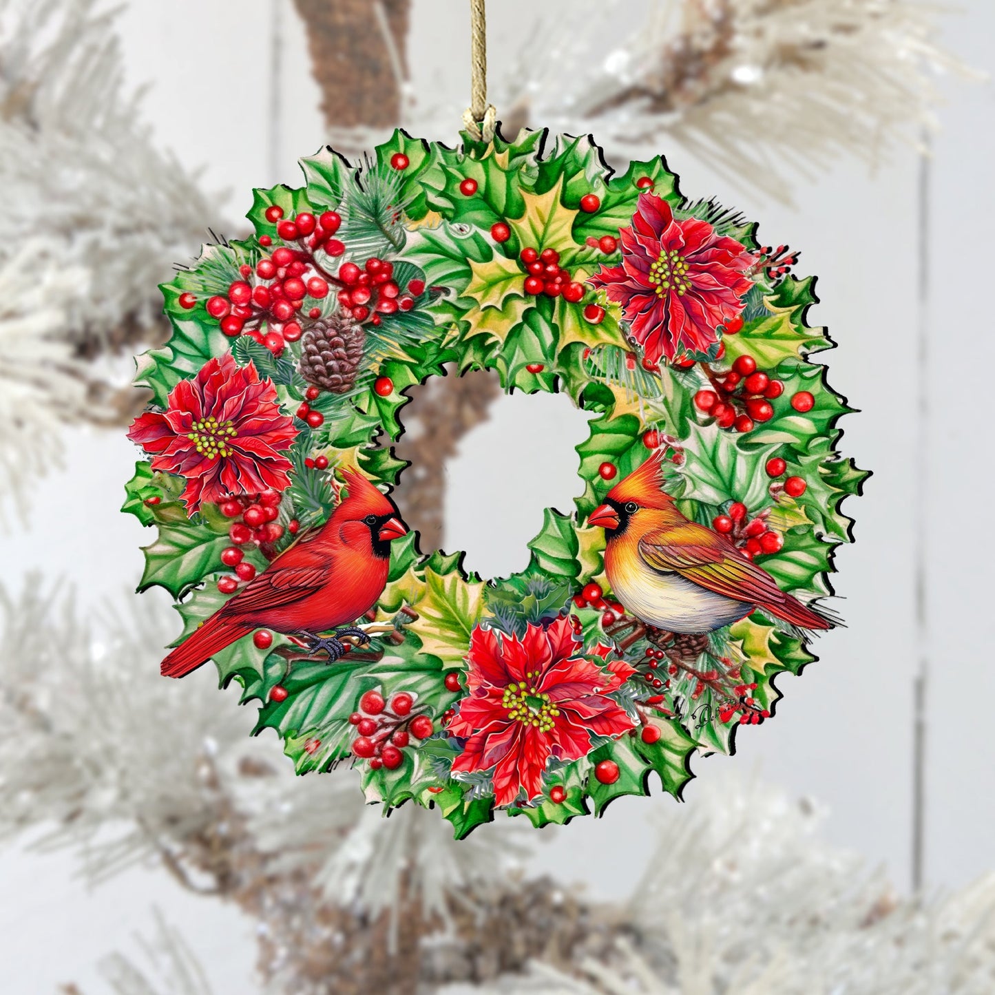 Holiday Cardinal Garland Wreath Wooden Ornaments by G. Debrekht Christmas Decor - 8611070