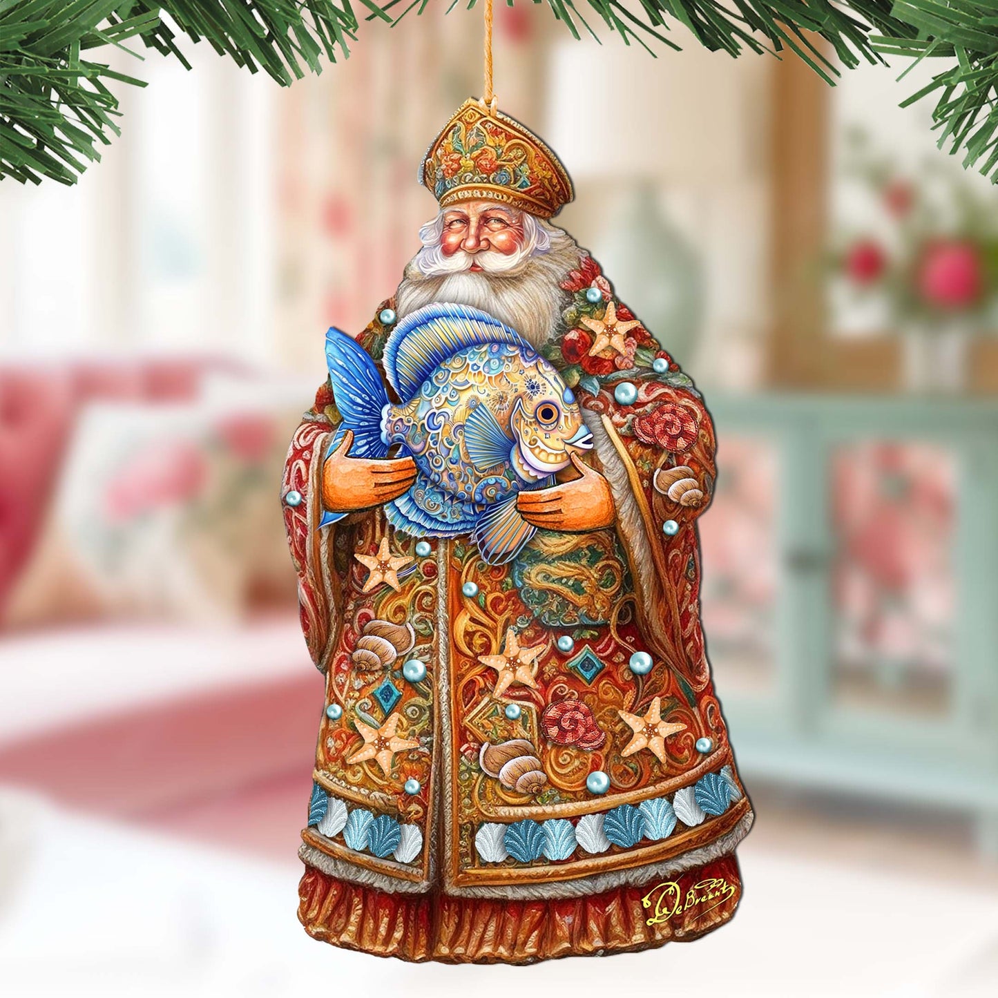 Santa with Fish Wooden Ornaments by G. Debrekht - Christmas Santa Snowman Decor - 8691411