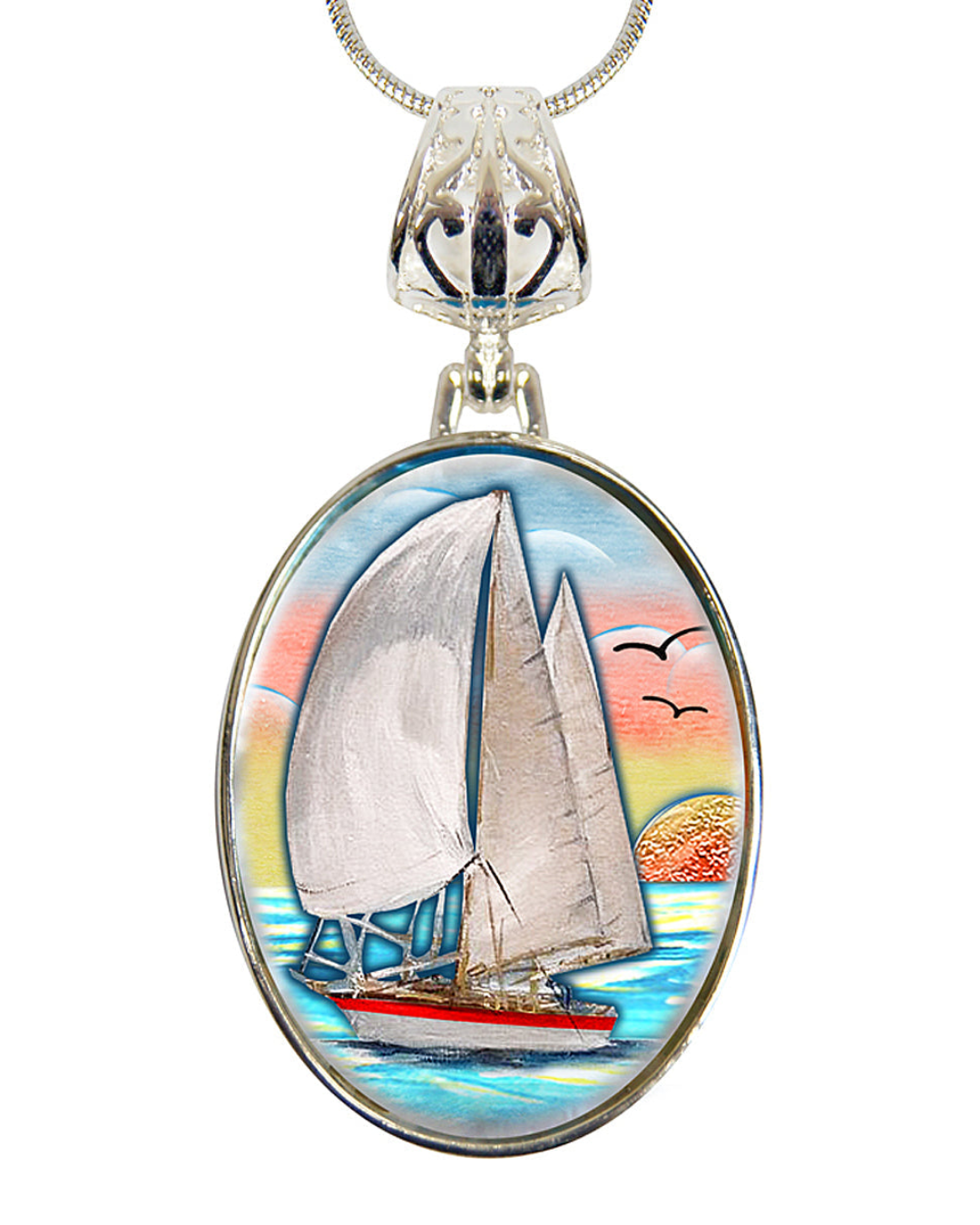 Sailboat Silver Plated Mother of Pearl Jewelry Pendant Necklace Coastal - 44043